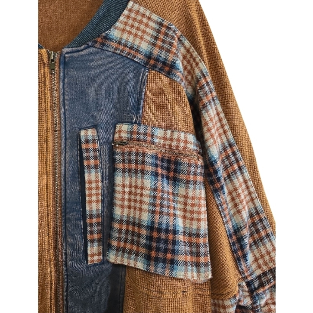 Oli & Hali Caramel Mineral Washed Waffle Relaxed Plaid Bomber Jacket Large - Picture 3 of 11